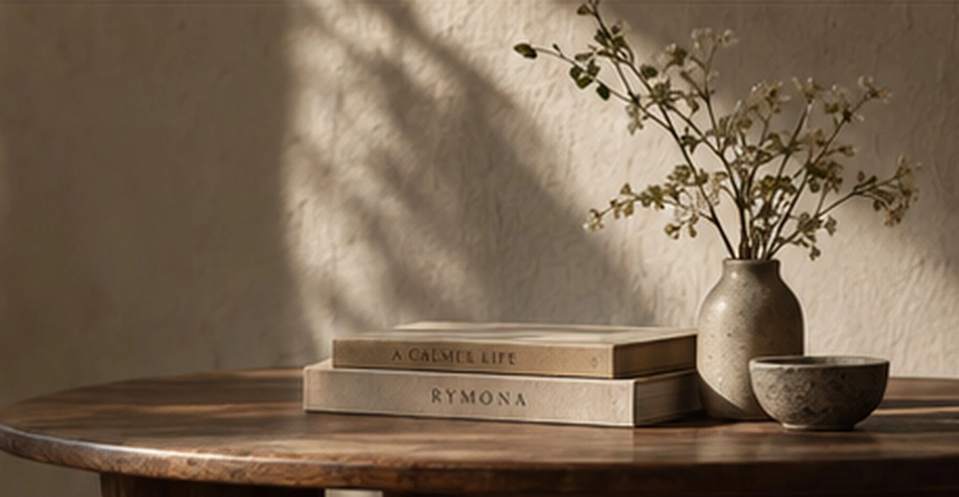 Quiet natural interior with warm sunlight and botanical still life